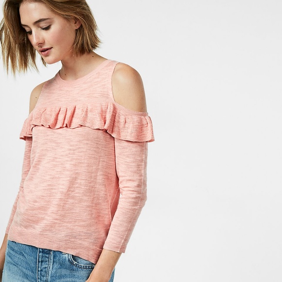 Express NWT Ruffle Yoke Cold Shoulder Sweater Sz S - Picture 1 of 8